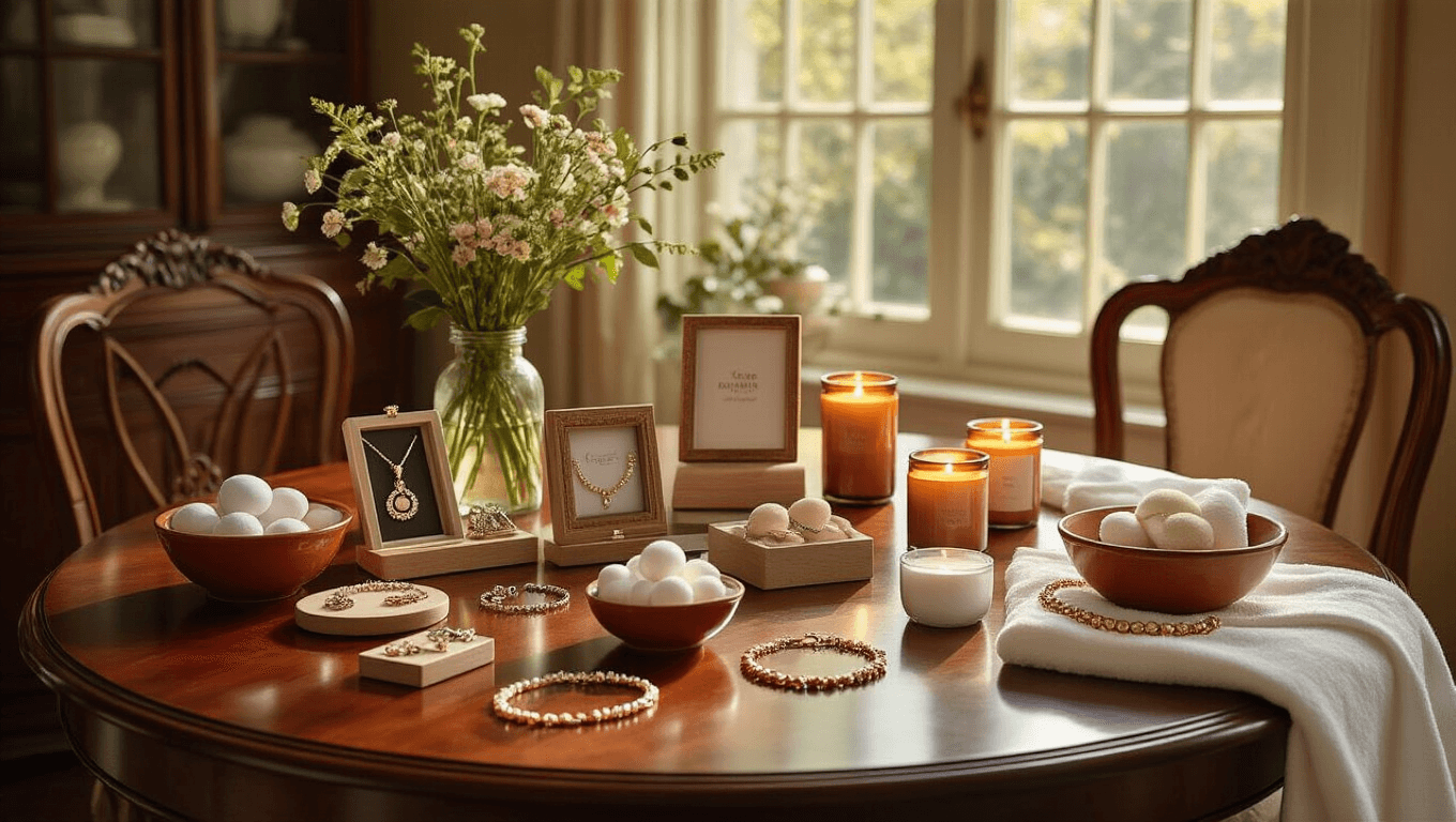 Cinematic wide-angle shot of an intimate dining room with a round mahogany table showcasing handcrafted jewelry, personalized birthstone necklaces, custom photo frames, and luxurious spa gift sets, illuminated by warm golden light.