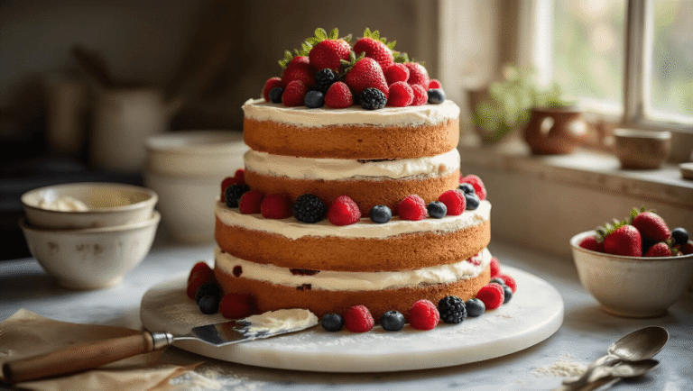 Naked Berry Wedding Cake: A Stunning Rustic Dessert Masterpiece Cinematic close-up of a rustic naked wedding cake with fresh berries on a marble turntable, featuring golden sponge layers, creamy mascarpone frosting, and a cozy kitchen backdrop.
