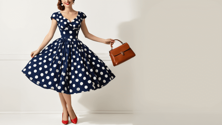 Vintage-Inspired Swing Dresses: The Ultimate A vintage navy polka dot swing dress with a fitted bodice and voluminous circle skirt, styled with red pumps, pearl drop earrings, and a vintage leather handbag, set against a clean white background.