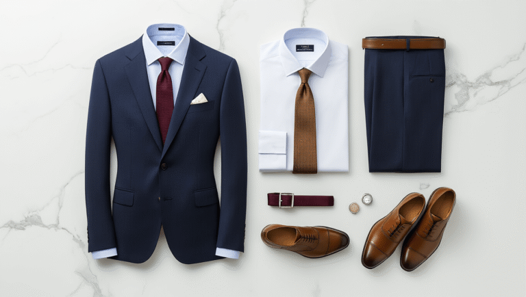 Why Every Guy Needs a Slim-Fit Navy Suit in His Closet Right Now Luxurious flat lay of a tailored slim-fit navy wool suit jacket and trousers on a white marble surface, accompanied by dress shirts, silk ties, leather shoes, and accessories, portraying sophistication and timeless style.