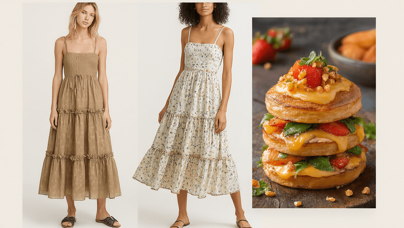 A beautifully styled tiered chiffon midi dress displayed on a mannequin, surrounded by fashion accessories and soft lighting to create a chic, elegant atmosphere.