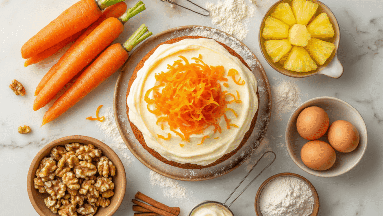 Carrot Cake with Orange Frosting: The Ultimate Moist and Zesty Dessert Cinematic overhead shot of a rustic marble countertop featuring grated orange carrots, creamy frosting swirls, pineapple chunks, chopped walnuts, and flour dusting, all beautifully arranged in a warm, cozy kitchen with vintage utensils and a rich amber and cream color palette.