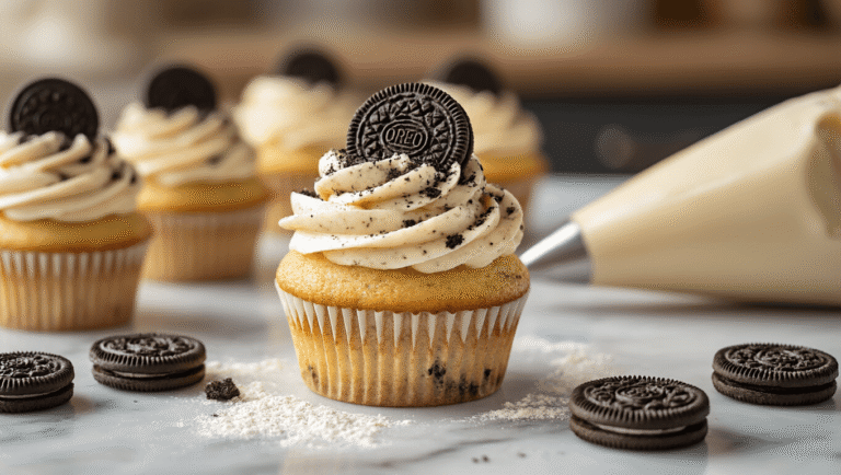 Cookies and Cream Cupcakes: The Ultimate Indulgent Dessert Decadent Oreo-packed cupcakes with crushed cookies and swirled buttercream frosting on a weathered marble countertop, warm honey lighting creating a cozy atmosphere.
