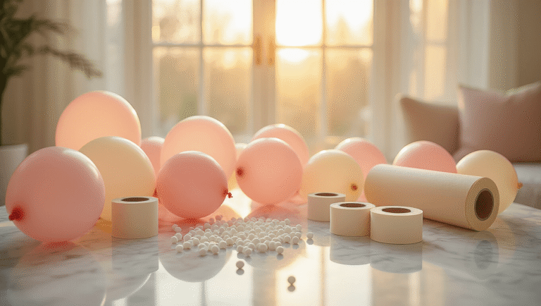 How to Stick Balloons to a Wall: The Ultimate Guide for Party Decorators Cinematic close-up of a beautifully arranged party preparation scene featuring blush pink and cream balloons on a marble table, with glittering glue dots and rolls of tape, illuminated by warm golden hour sunlight.