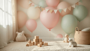 Balloon Wallpapers: Transform Your Space with Whimsical Design Cinematic close-up of a dreamy children's nursery with soft pastel balloon wallpaper in blush pink, sage green, and cream, featuring visible peel-and-stick installation, scattered wooden toy blocks on a plush cream carpet, delicate ceramic animal figurines, handmade vintage-style bunting, and warm golden hour sunlight creating a cozy atmosphere.