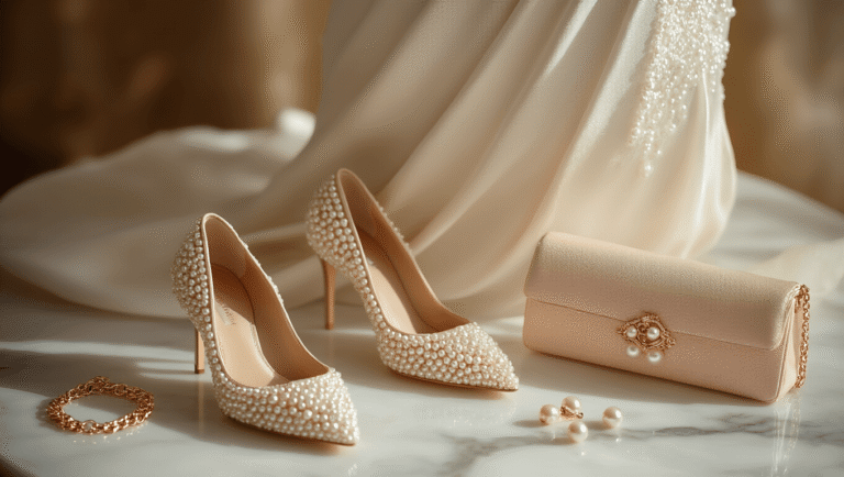 Pearl-Embellished Sheath Dress: Your Ultimate Guide to Styling This Timeless Statement Piece Photorealistic close-up of an ivory pearl-embellished sheath dress on white marble, accented by delicate rose gold accessories, including a bracelet, nude pumps, a blush clutch, and pearl stud earrings, with warm golden hour lighting enhancing rich textures and elegance.