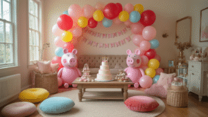 Ultimate Peppa Pig Balloon Party Decor Guide: Creating Magic for Little Ones A cozy living room transformed into a Peppa Pig-themed party, featuring vibrant mylar balloons, a tiered birthday cake, pastel decorations, theme banners, plush cushions, and fairy lights illuminating the scene.