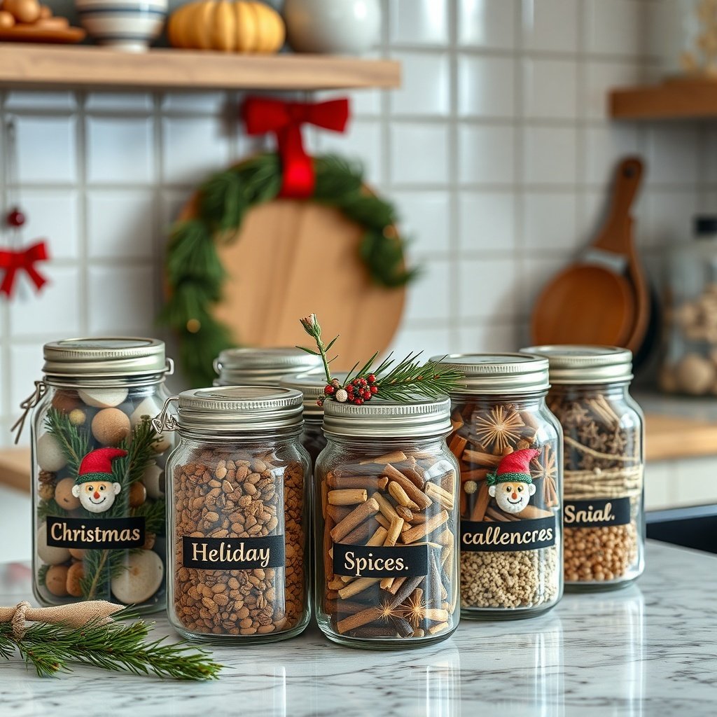 50 Creative Ideas for Christmas Kitchen Decor A collection of decorated spice jars labeled for Christmas and holiday use, displayed on a kitchen counter.