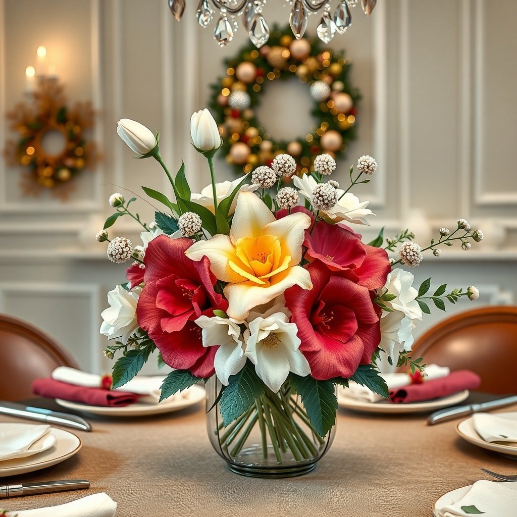 50 Stunning Christmas Table Centerpieces to Elevate Your Holiday Decor A beautiful silk flower centerpiece featuring red, white, and yellow flowers in a clear vase, set on a Christmas-themed table.