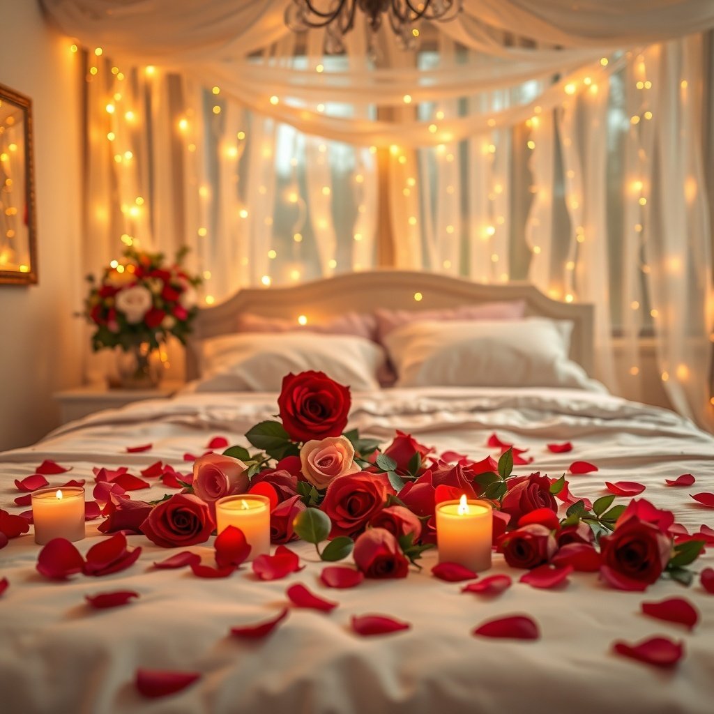 50 Stunning Wedding Night Room Decoration Ideas A beautifully decorated wedding night room featuring candles, rose petals, and soft lighting.