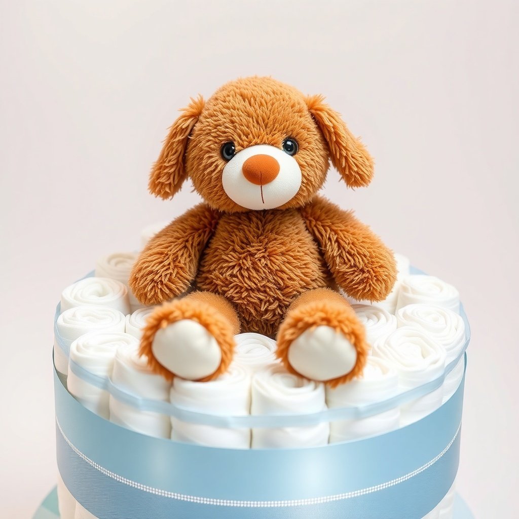 50 Festive Ideas for Creating the Ultimate Christmas Diaper Cake A cute teddy bear sitting on a Christmas diaper cake made of rolled diapers.