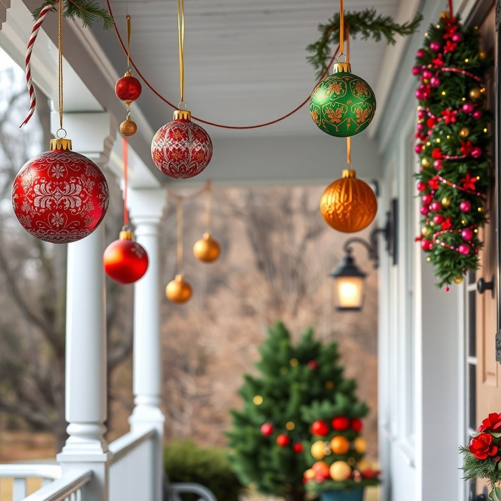 50 Stunning Christmas Porch Decor Ideas to Transform Your Home Colorful Christmas ornaments hanging from porch beams with a decorated Christmas tree in the background.