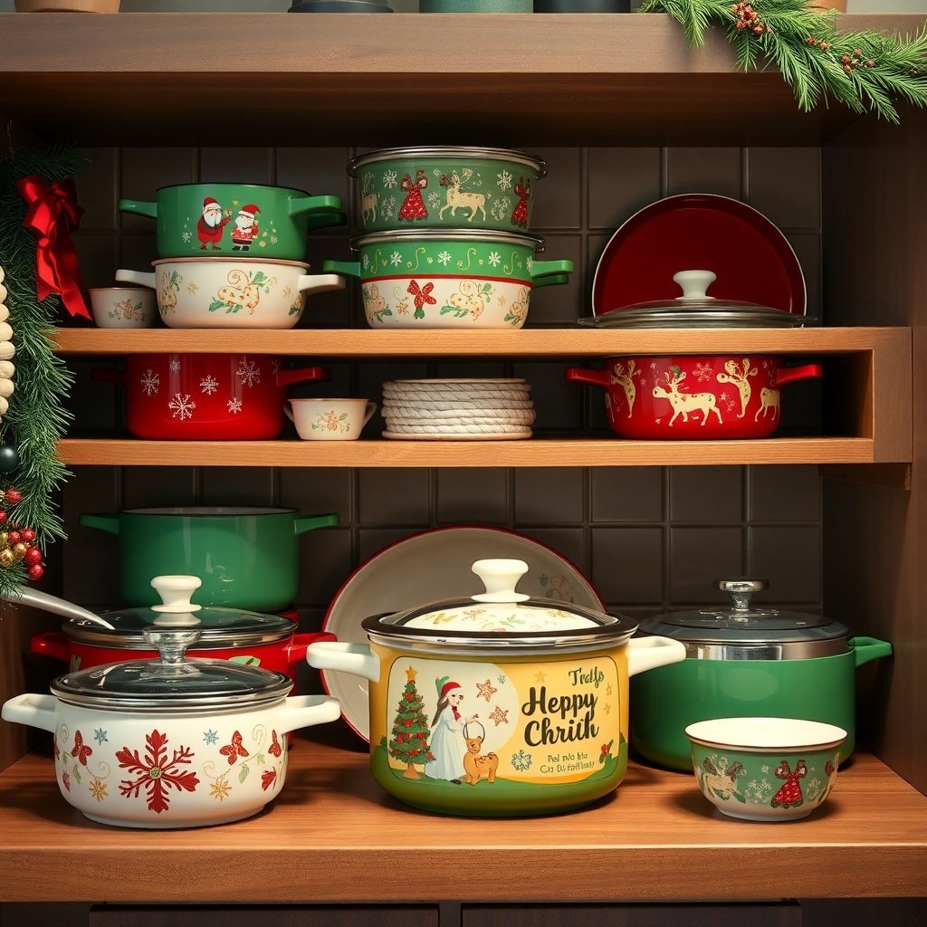 50 Creative Ideas for Christmas Kitchen Decor Colorful holiday-themed cookware displayed on a wooden shelf, featuring festive designs and colors.