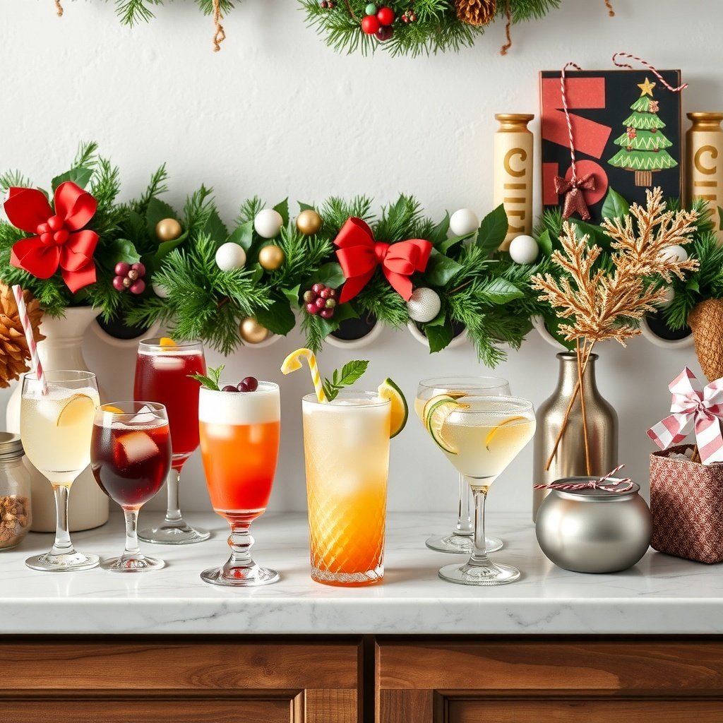 50 Creative Ideas for Christmas Kitchen Decor A beautifully arranged festive beverage station with various colorful drinks and Christmas decorations.