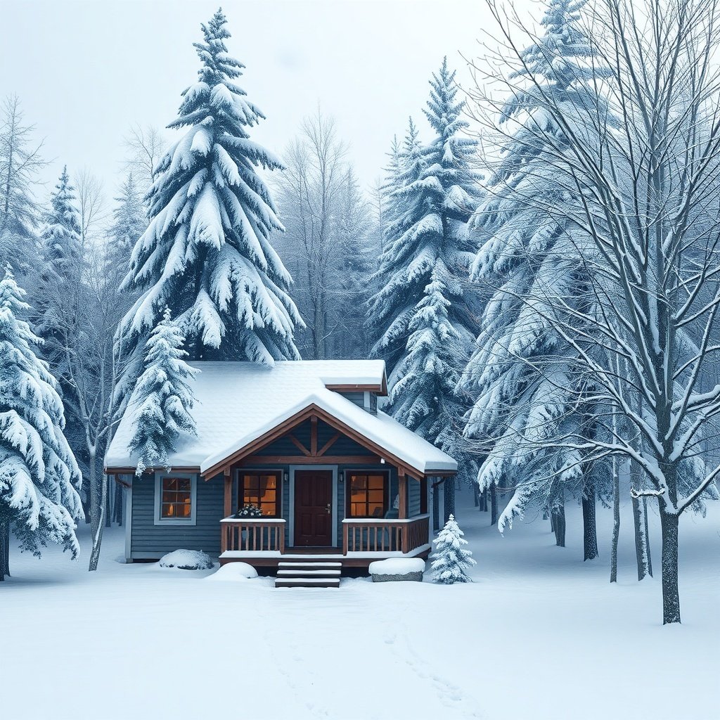 50 Festive December Wallpapers to Brighten Your Screen A cozy cabin in a snowy forest, surrounded by tall trees.