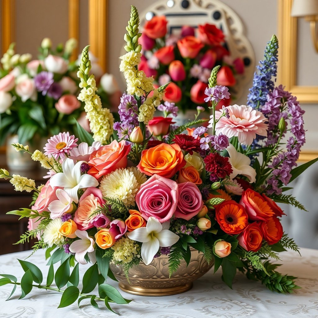 50 Stunning Wedding Night Room Decoration Ideas A beautiful floral arrangement featuring roses, lilies, and colorful flowers in a decorative vase.