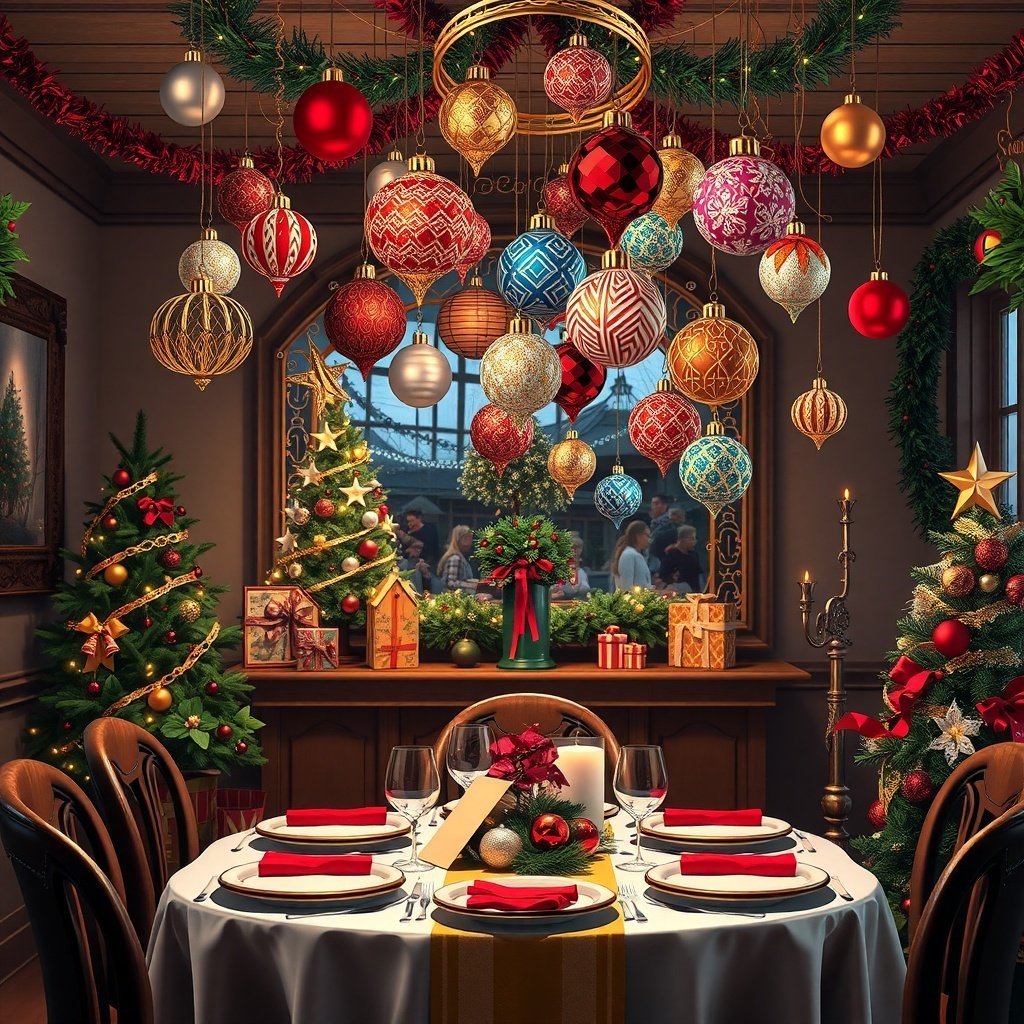 50 Stunning Christmas Table Centerpieces to Elevate Your Holiday Decor A beautifully decorated Christmas table with hanging ornaments above, featuring colorful decorations and a festive atmosphere.