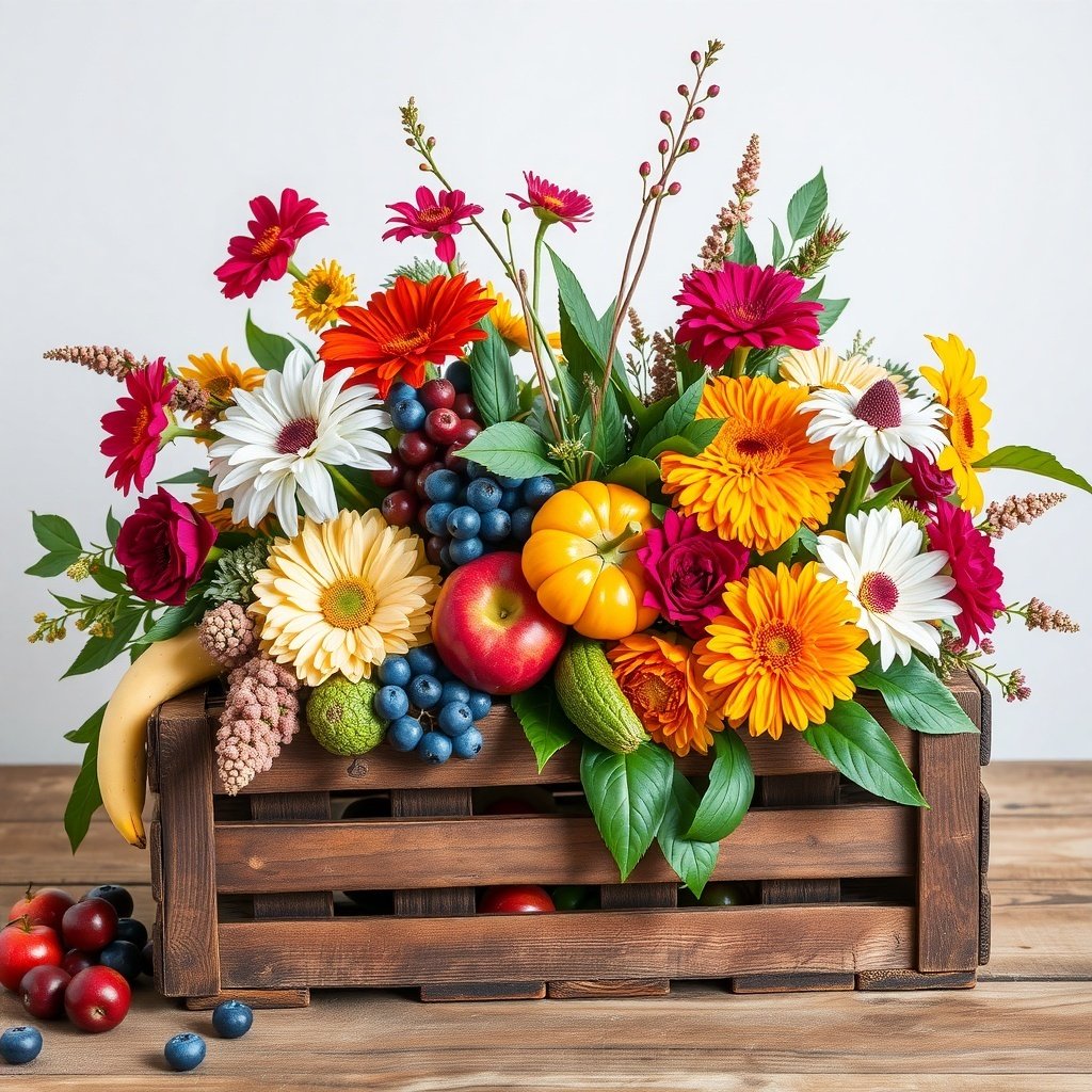 50 Stunning Christmas Table Centerpieces to Elevate Your Holiday Decor A vibrant rustic wooden crate arrangement filled with colorful flowers and fresh fruits.