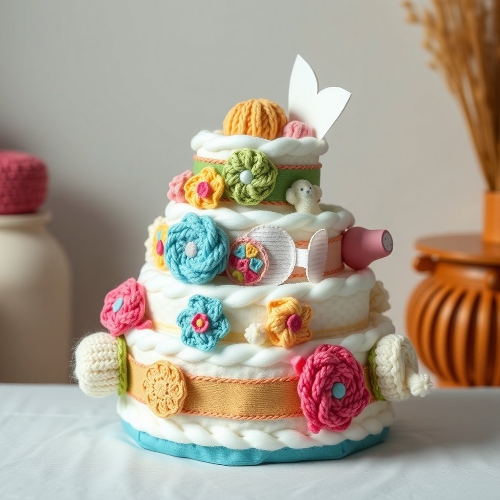 50 Festive Ideas for Creating the Ultimate Christmas Diaper Cake A colorful Christmas diaper cake decorated with handmade flowers and yarn balls.