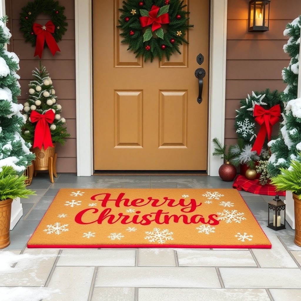 50 Stunning Christmas Porch Decor Ideas to Transform Your Home A festive doormat that says 'Merry Christmas' in front of a decorated porch with wreaths and Christmas trees. Christmas Porch Decor