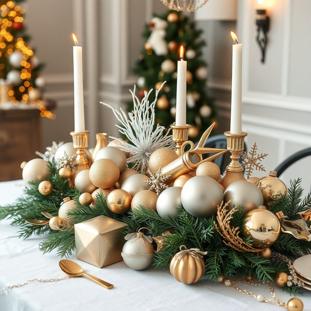50 Stunning Christmas Table Centerpieces to Elevate Your Holiday Decor Chic metallic centerpiece with gold and silver ornaments, candles, and greenery on a Christmas table.