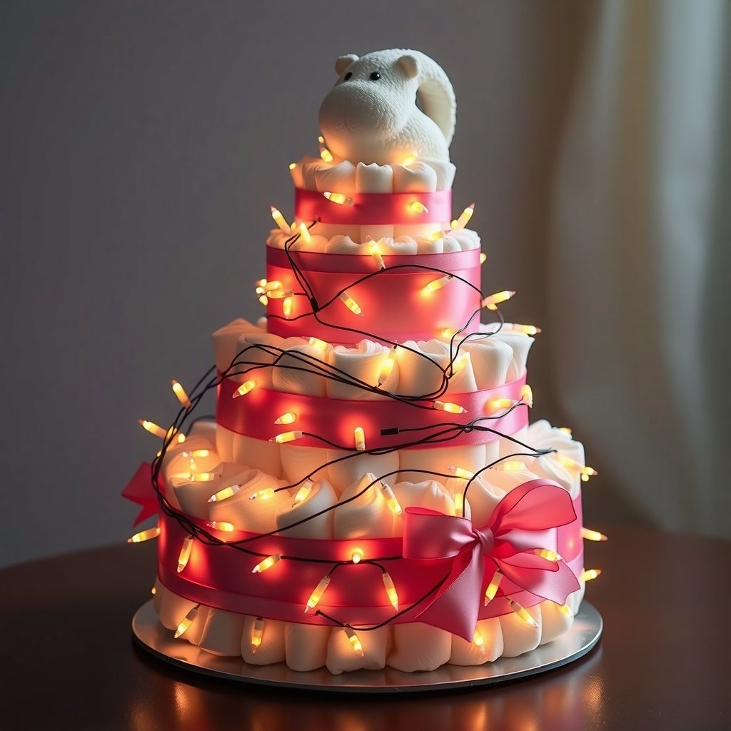 50 Festive Ideas for Creating the Ultimate Christmas Diaper Cake A Christmas diaper cake decorated with lights and a plush toy on top.