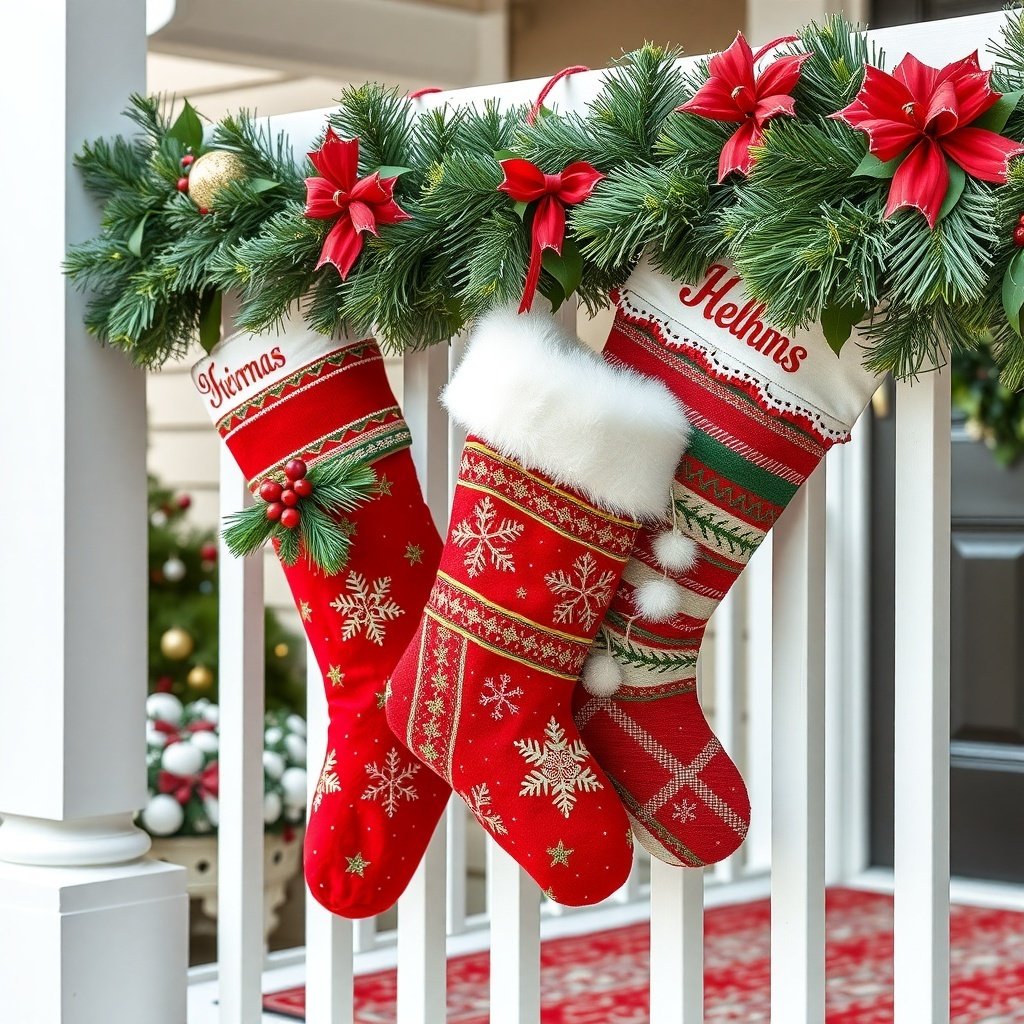 50 Stunning Christmas Porch Decor Ideas to Transform Your Home Three Christmas stockings hanging by a door, decorated with festive designs and surrounded by greenery.