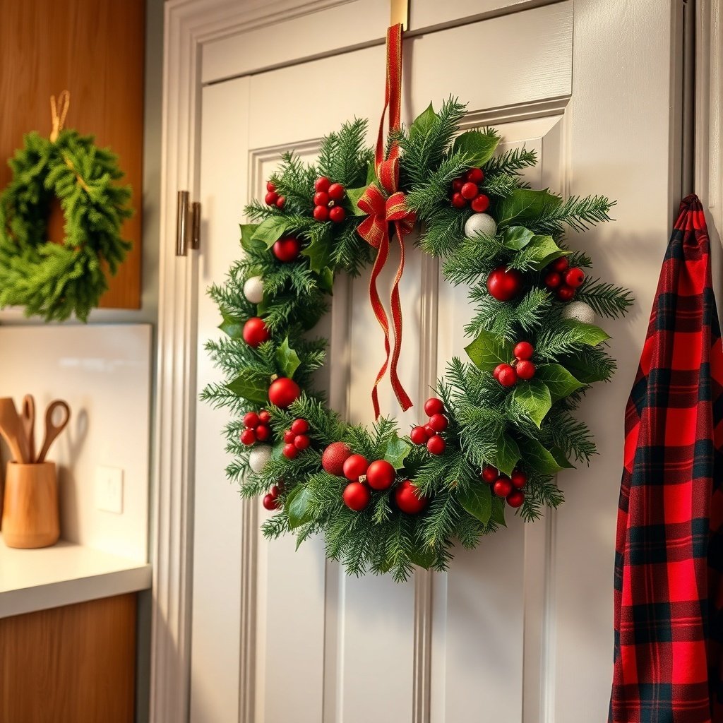 50 Creative Ideas for Christmas Kitchen Decor A festive Christmas wreath with red berries and green leaves hanging on a door.