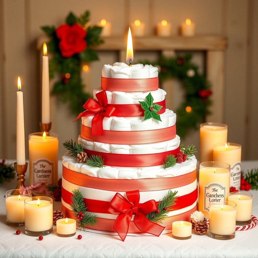 50 Festive Ideas for Creating the Ultimate Christmas Diaper Cake A beautifully decorated Christmas diaper cake with candles and seasonal decorations.