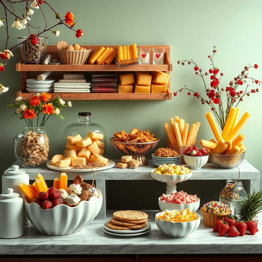50 Stunning Wedding Night Room Decoration Ideas A beautifully arranged gourmet snack station with fruits, cheeses, and snacks for a wedding night room decoration.