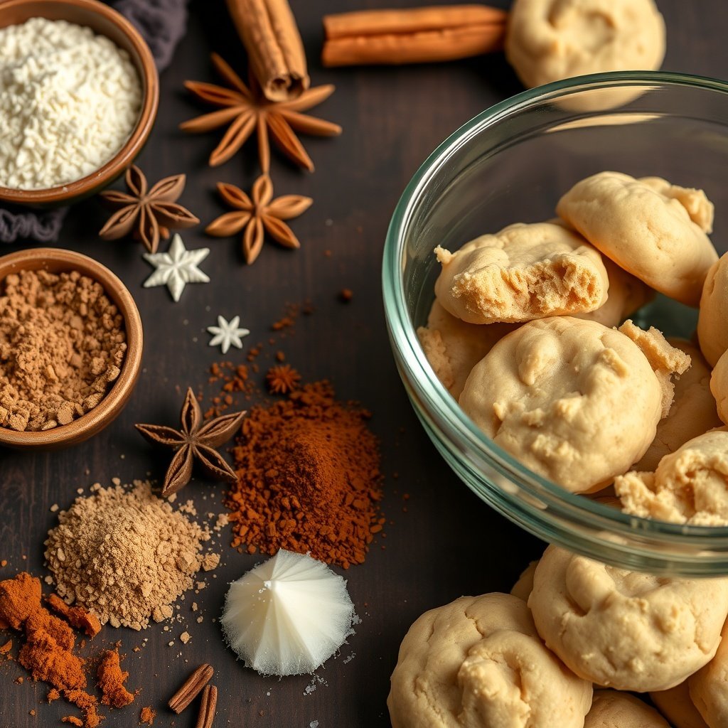 30 Delightful Mexican Wedding Cookie Recipes to Sweeten Your Celebrations A bowl of Mexican wedding cookies surrounded by various spices like cinnamon, star anise, and ground spices.