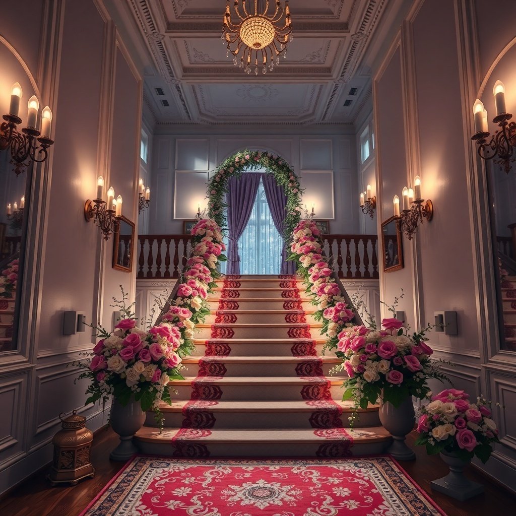 50 Stunning Wedding Night Room Decoration Ideas A beautifully decorated staircase with floral arrangements and soft lighting, perfect for a wedding night room.
