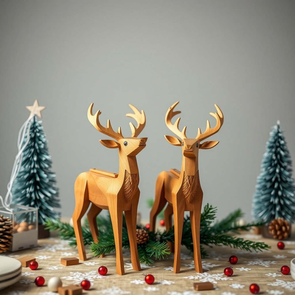50 Stunning Christmas Table Centerpieces to Elevate Your Holiday Decor Wooden reindeer figurines on a Christmas table with decorations