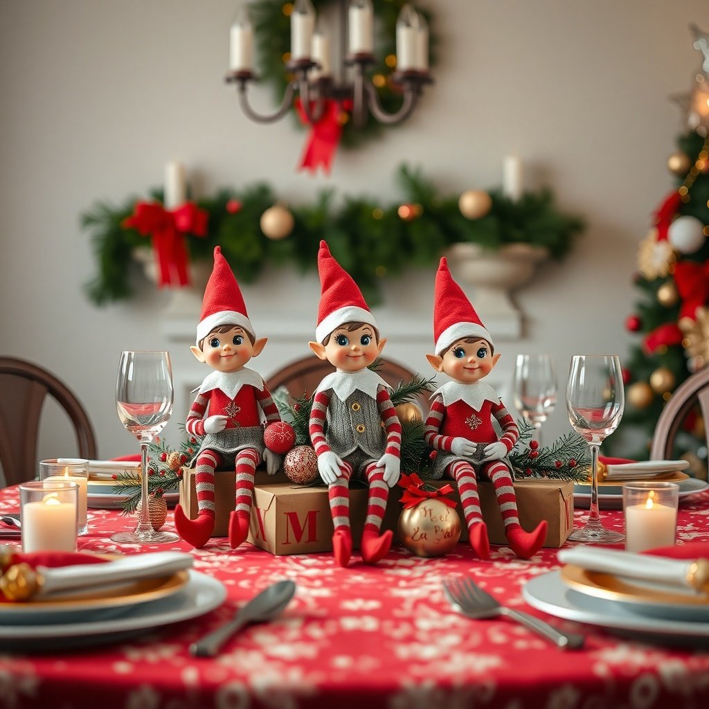 50 Stunning Christmas Table Centerpieces to Elevate Your Holiday Decor Three whimsical elf figurines on a Christmas table centerpiece
