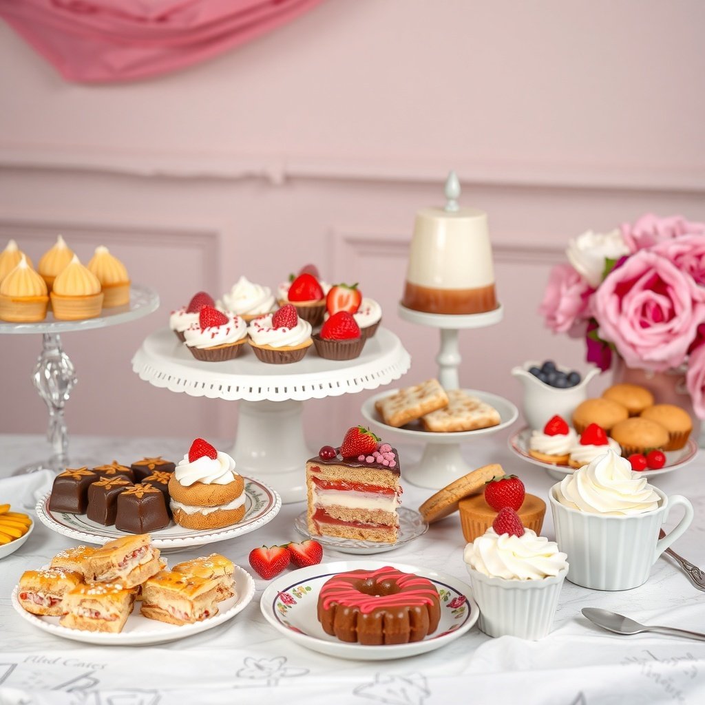50 Stunning Wedding Night Room Decoration Ideas A beautifully arranged dessert table featuring various pastries and cakes, perfect for a wedding night room decoration.
