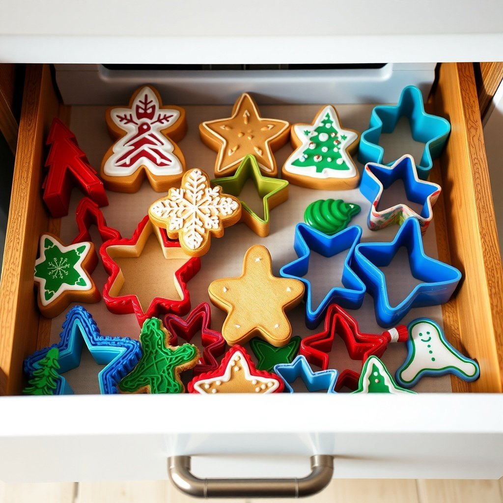 50 Creative Ideas for Christmas Kitchen Decor A variety of colorful cookie cutters in a drawer, including Christmas-themed shapes like stars, trees, and snowflakes.