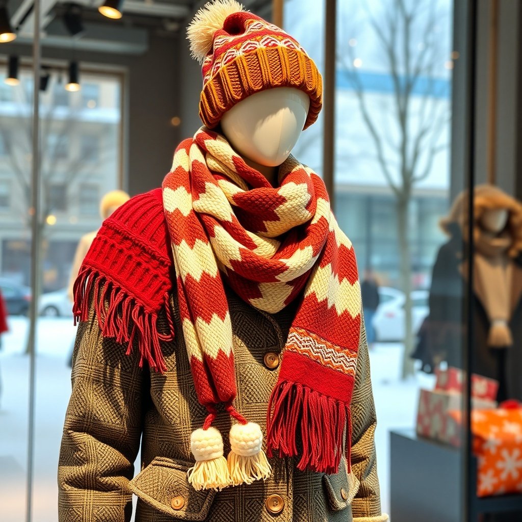 50 Festive December Wallpapers to Brighten Your Screen A mannequin dressed in a warm winter outfit featuring a patterned scarf and knitted hat.