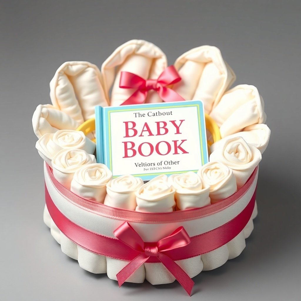 50 Festive Ideas for Creating the Ultimate Christmas Diaper Cake A Christmas diaper cake featuring a baby book at the center, surrounded by rolled diapers and decorated with a pink ribbon.