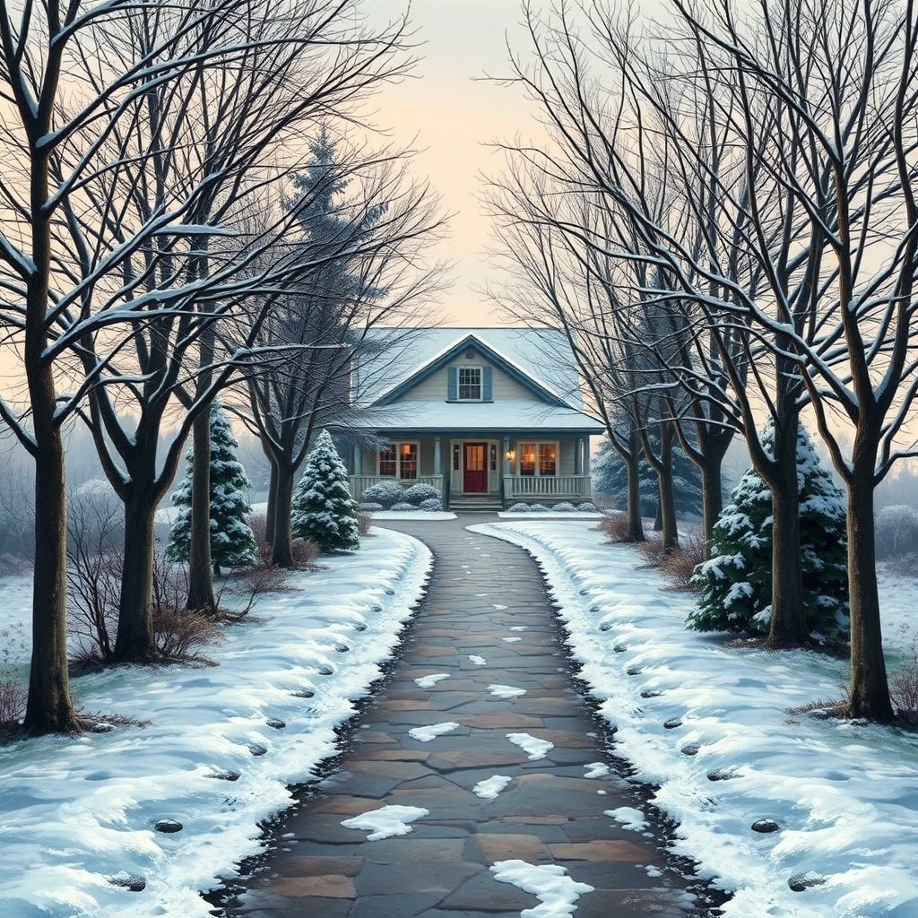 50 Festive December Wallpapers to Brighten Your Screen A snowy pathway leading to a cozy house surrounded by trees.