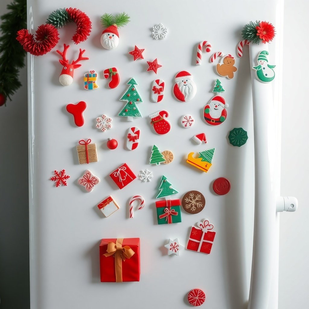 50 Creative Ideas for Christmas Kitchen Decor A festive fridge decorated with Christmas-themed magnets and decorations.