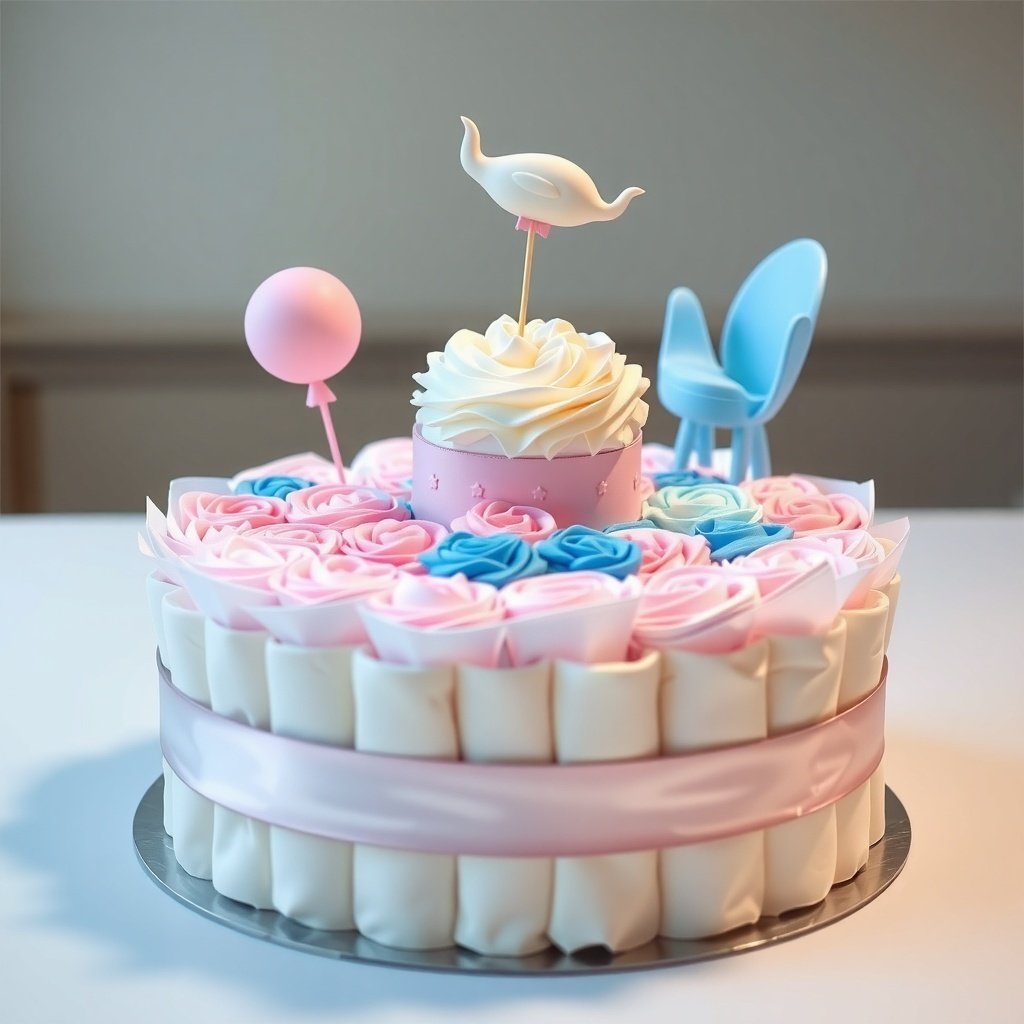 50 Festive Ideas for Creating the Ultimate Christmas Diaper Cake A beautifully crafted diaper cake decorated for a gender reveal, featuring pink and blue elements, a balloon, and a small chair.