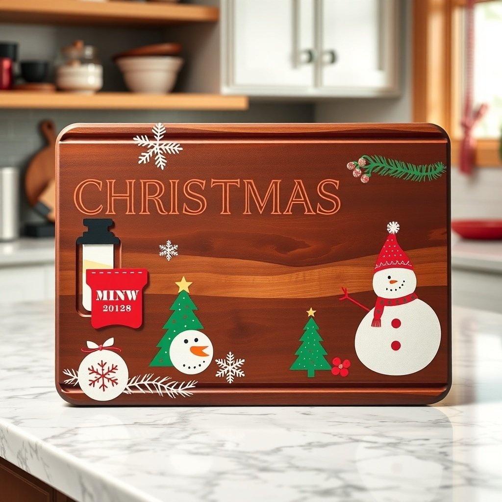 50 Creative Ideas for Christmas Kitchen Decor A decorative cutting board with Christmas designs including snowmen, trees, and festive elements.
