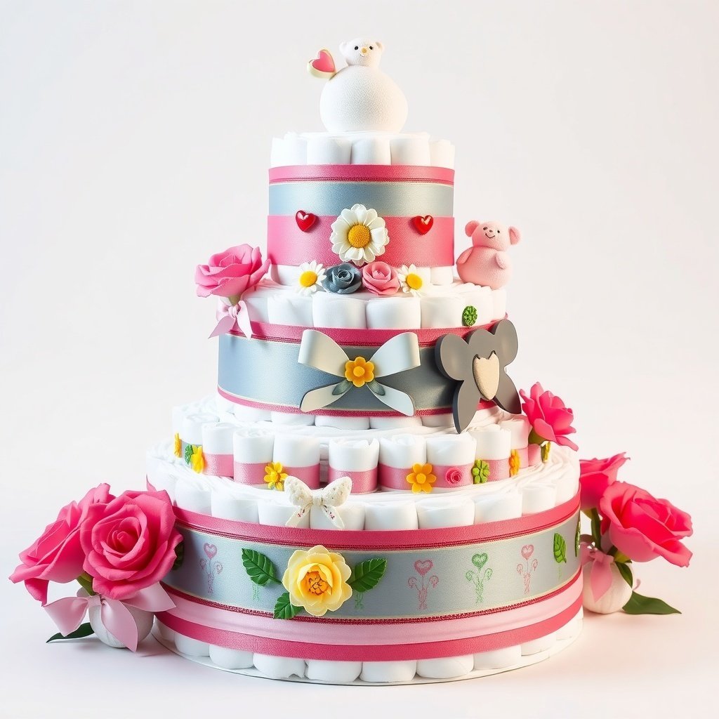 50 Festive Ideas for Creating the Ultimate Christmas Diaper Cake A multi-tiered Christmas diaper cake decorated with ribbons, flowers, and cute animal figures.