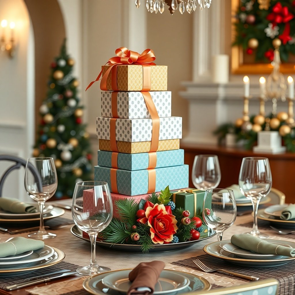 50 Stunning Christmas Table Centerpieces to Elevate Your Holiday Decor A festive table setting featuring a stack of decorative gift boxes, surrounded by greenery and flowers, with elegant dinnerware and glasses.