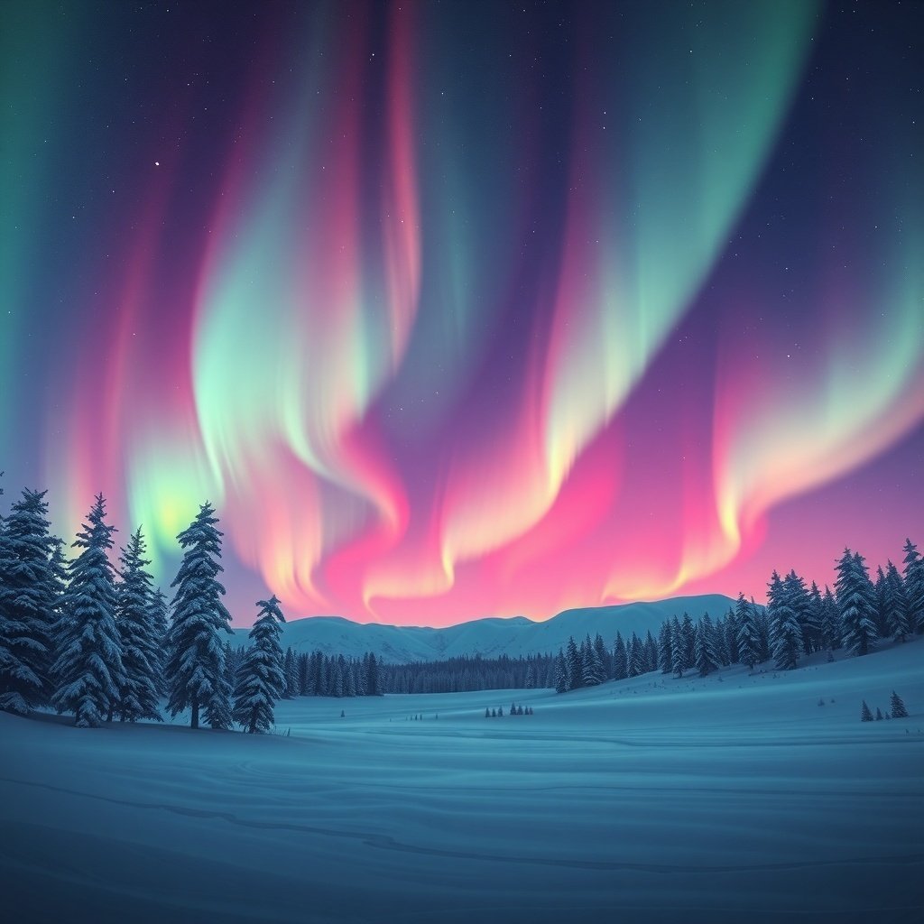 50 Festive December Wallpapers to Brighten Your Screen A stunning view of the Northern Lights illuminating the night sky over a snowy landscape.