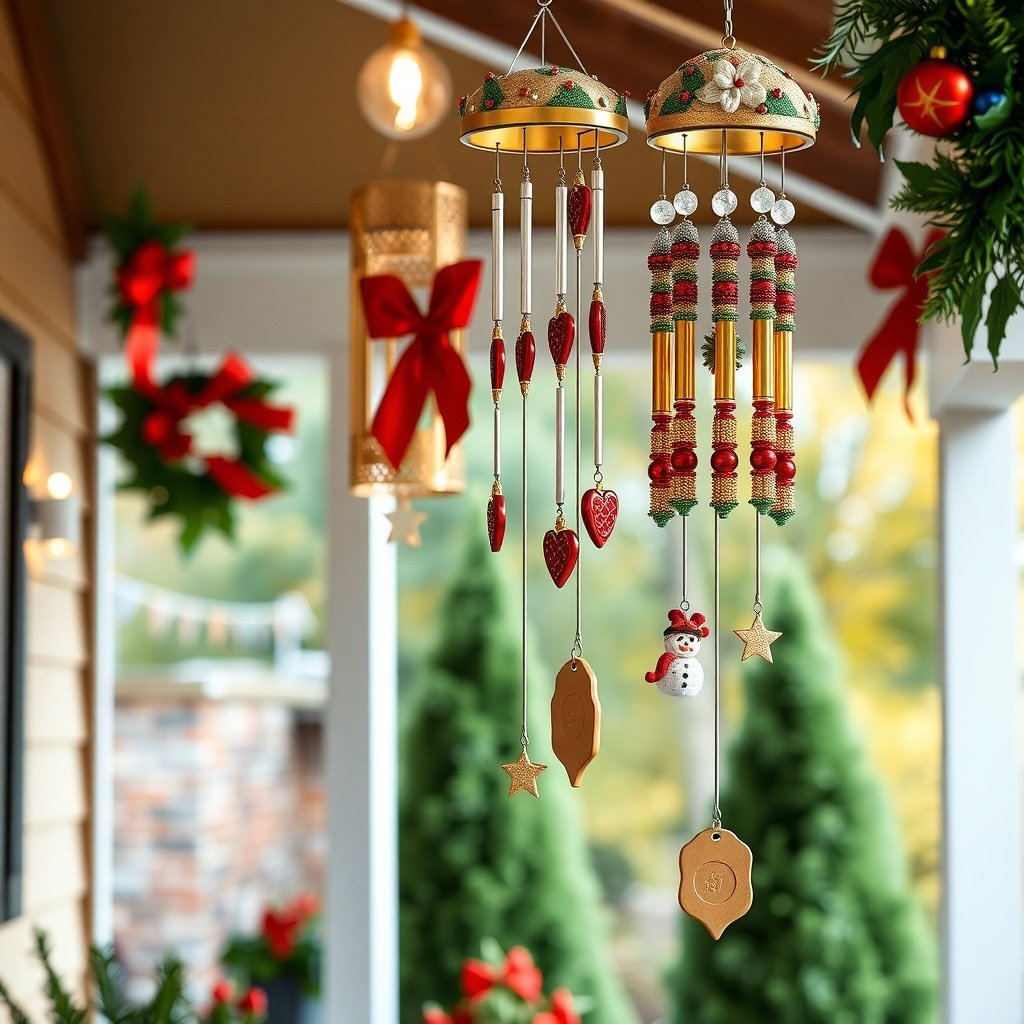 50 Stunning Christmas Porch Decor Ideas to Transform Your Home Colorful holiday-themed wind chimes hanging on a porch, decorated with hearts, stars, and a snowman.