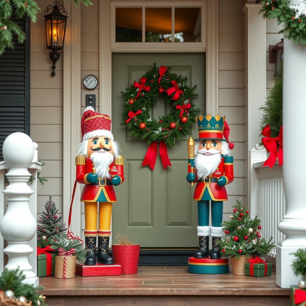 50 Stunning Christmas Porch Decor Ideas to Transform Your Home Christmas porch decor featuring nutcracker and Santa figurines, a wreath, and festive decorations.