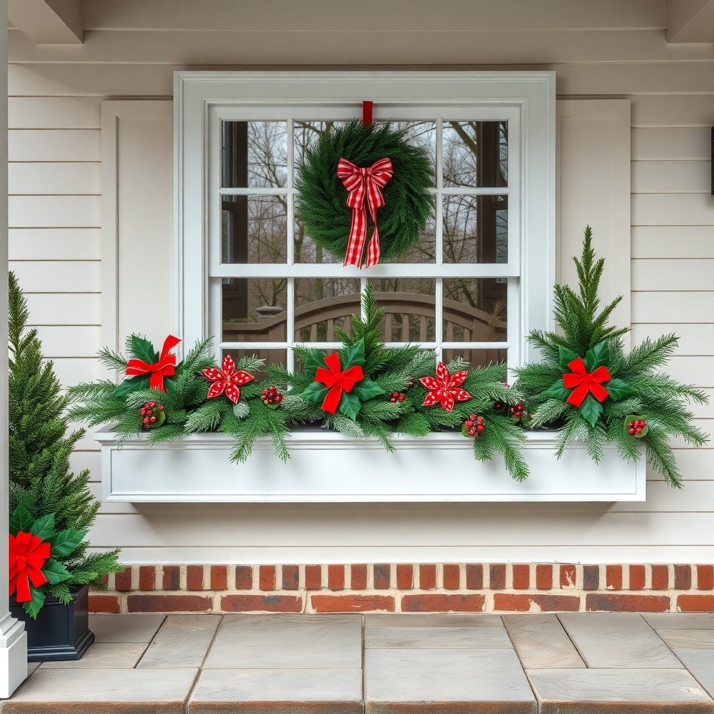 50 Stunning Christmas Porch Decor Ideas to Transform Your Home A festive window box decorated with greens, red bows, and a wreath for Christmas decor.