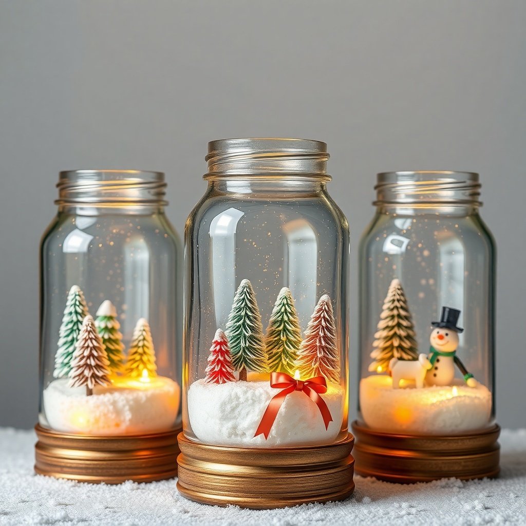 50 Stunning Christmas Table Centerpieces to Elevate Your Holiday Decor Three mason jar snow globes with miniature trees and a snowman, lit from within