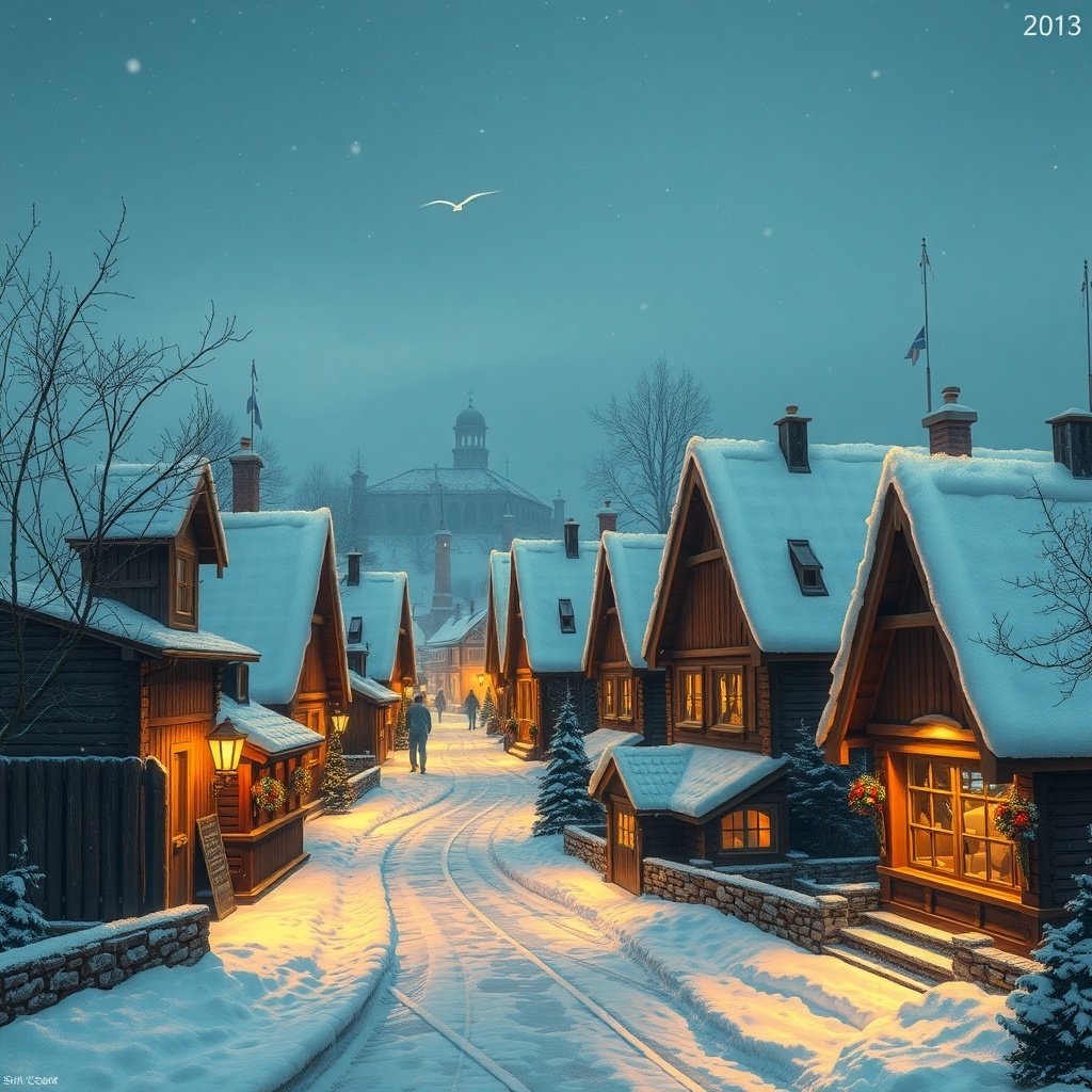 50 Festive December Wallpapers to Brighten Your Screen A charming winter village scene with snow-covered rooftops and warm lights glowing from windows.